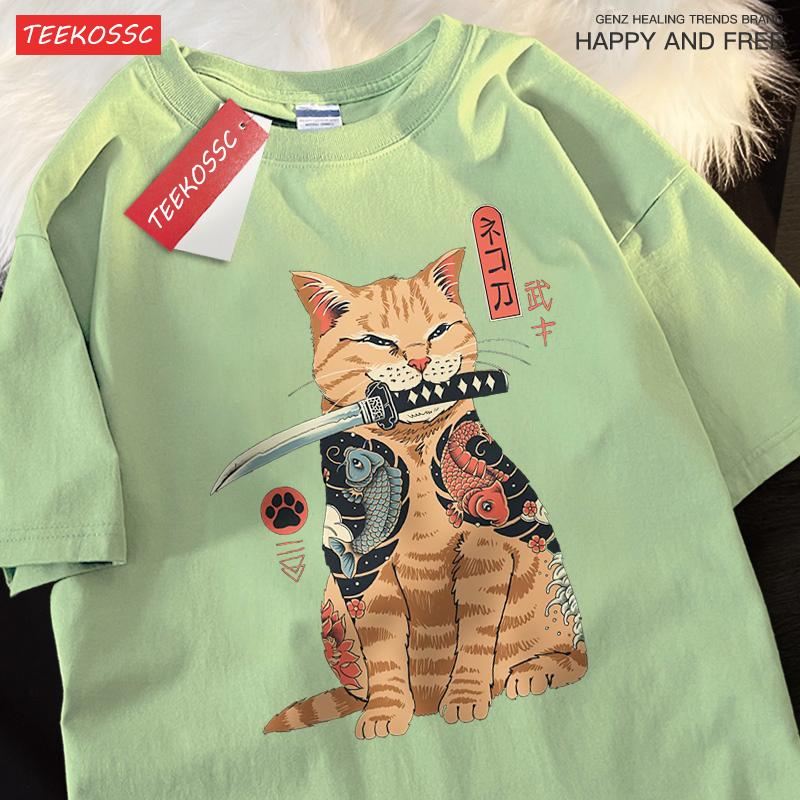 Японская футболка Харадзюку Самурайский меч Кот Мужская Женская Повседневная Футболка Одежда Хлопок Летние Топы Дышащая Футболка Оверсайз Пара