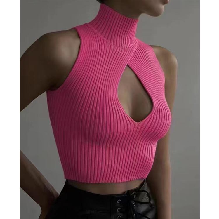 New Summer Solid Color Sexy Hollow Design Short Vest Turtleneck Navel Hot Girl Sweater Halter Neck Top