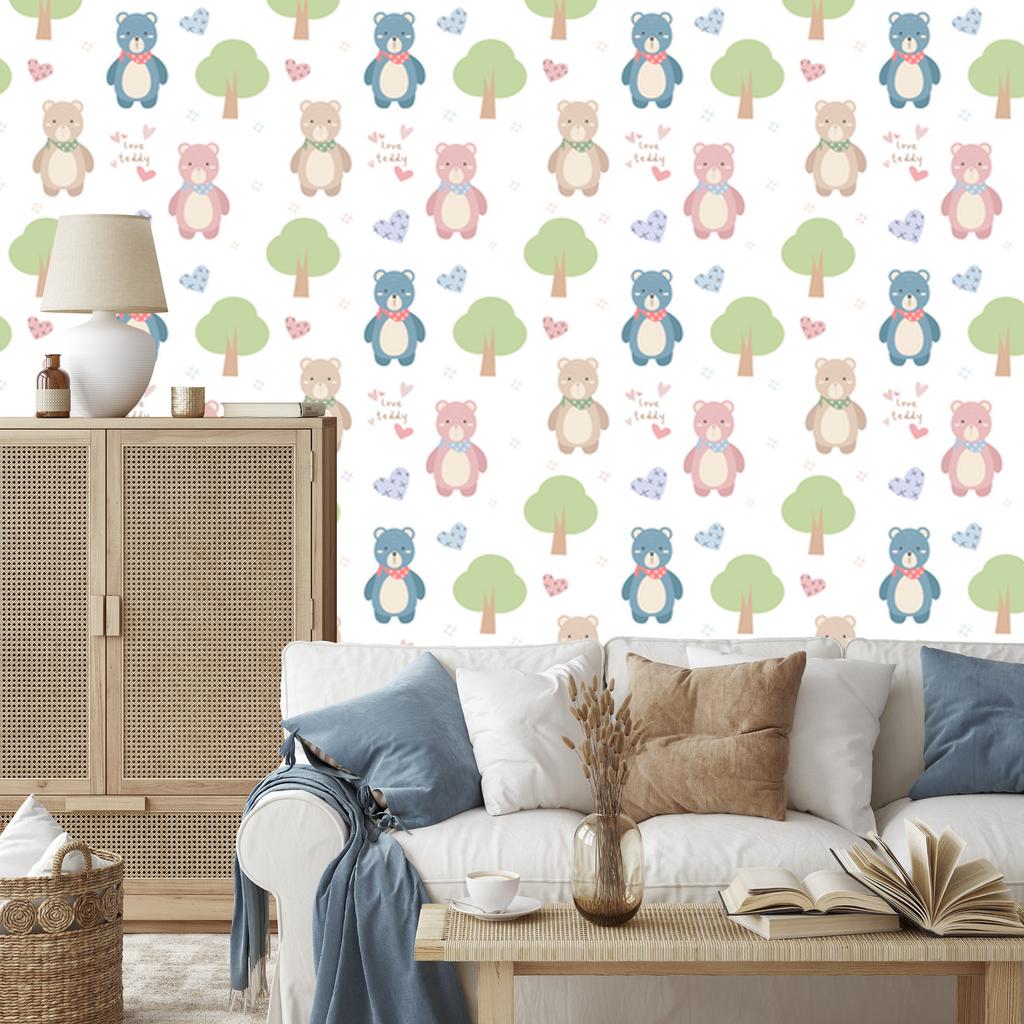 Teddy bears on a white background wallpaper for the living room and bedroom 50x1000