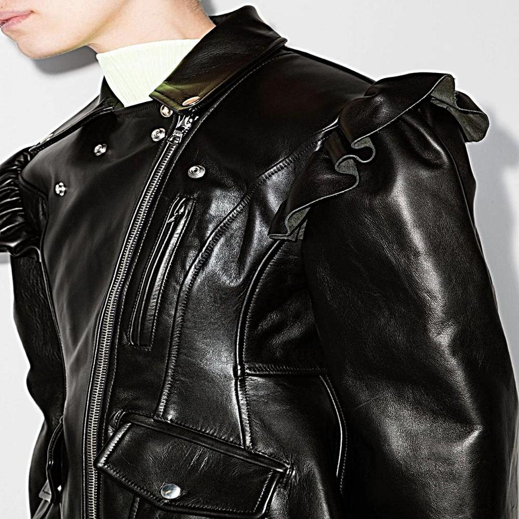 NOORA Женская натуральная черная кожа ягненка, стиль с оборками, косуха, ПУХОВЫЕ РУКАВА, новый стиль, куртка для свидания в кафе, подарок для девочек