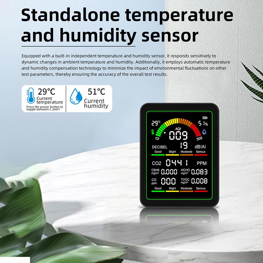 Детектор качества воздуха 9-в-1 Монитор CO2 co, hcho, tvoc, c6h6, aqi, Детектор уровня шума Формальдегид Термометр Влагомер