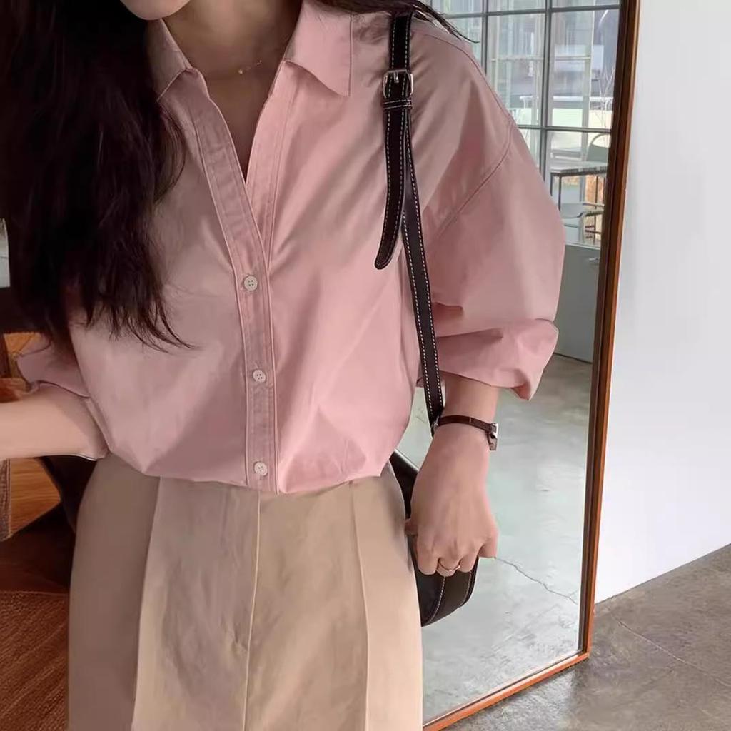 2025 Korean Chic French Style Loose-Fit Pink Long-Sleeve Shirt for Women