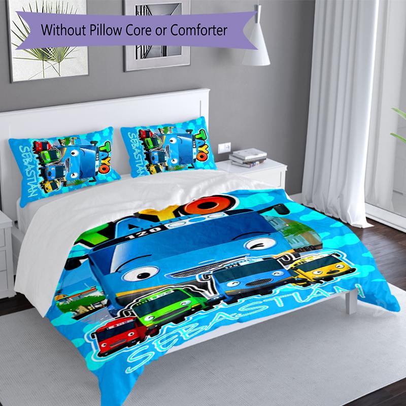 3pcs Custom Name Tayo the Little Bus Bedding Set,Includes 1 Duvet Cover and 2 Pillowcases,All-season Bedroom Decor