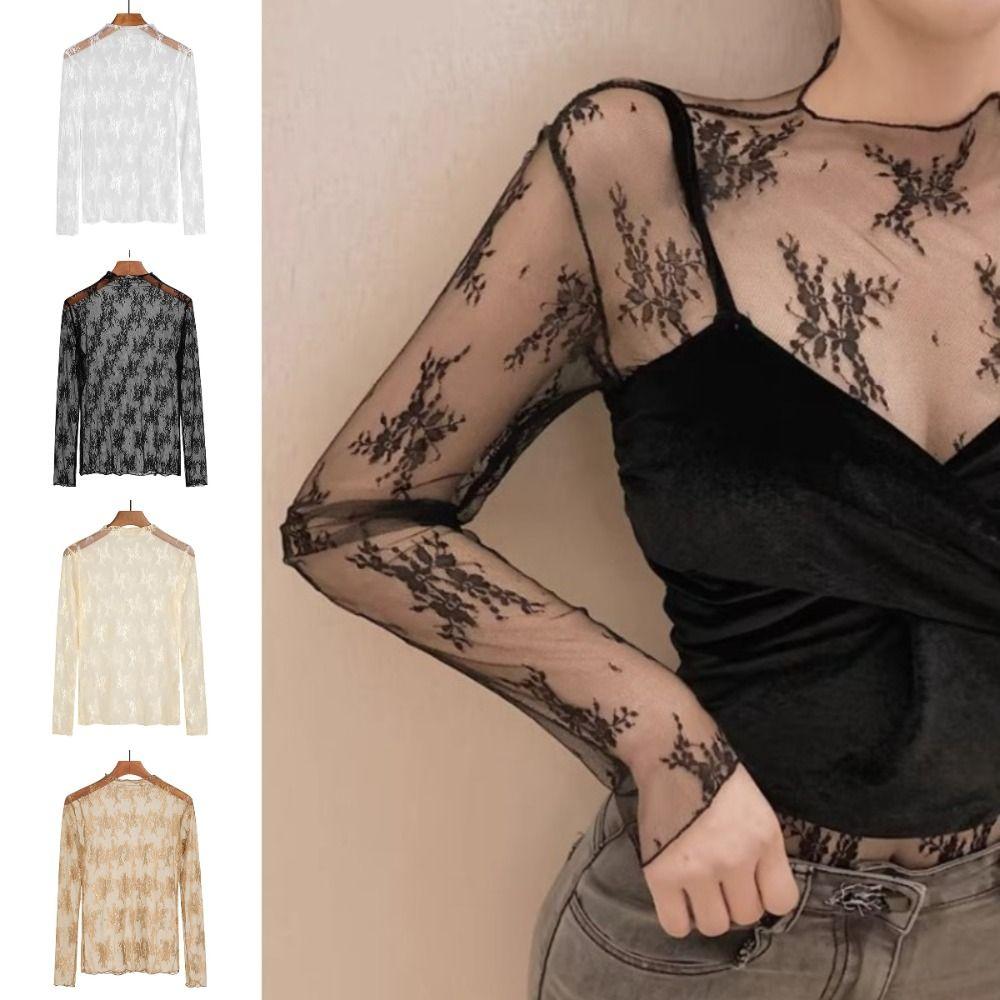 Long Sleeve Lace Bottomed Blouse Hollow Lace Floral Shirts Elegant See Through Tops Girls