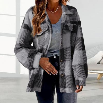 Осень-весна Женское пальто с клетчатым принтом Кардиган на пуговицах Толстый флис Длинные рукава Ложные нагрудные карманы Отложной воротник Кардиган Da