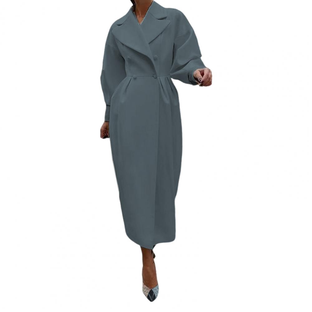 Women Woolen Jacket Turn-down Collar Solid Color Double-breasted Coat Retro Royal Style Thermal Long Lantern Sleeves Commuting D