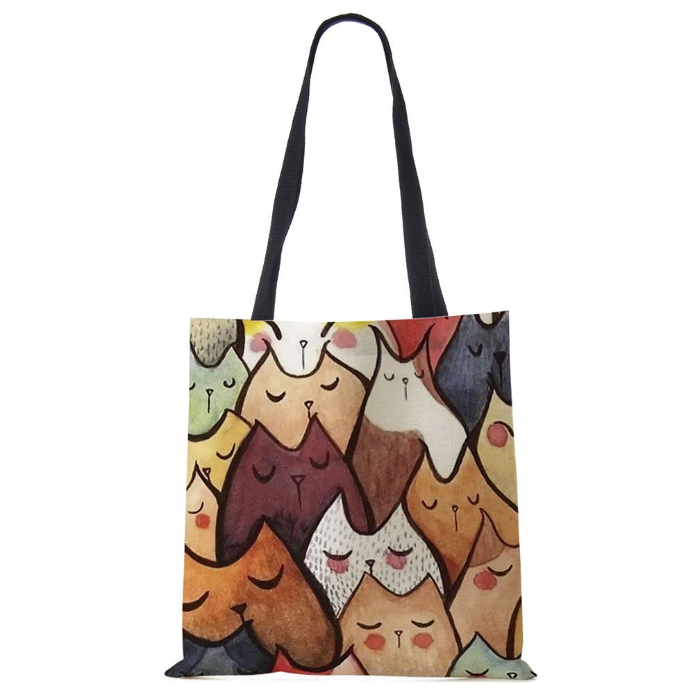 Милая Кавайная Мультяшная Аниме Кошка Принт Льняная Сумка-Тоут Женская Модная Сумка Школьная Дорожная Сумка Через Плечо Многоразовая KTY