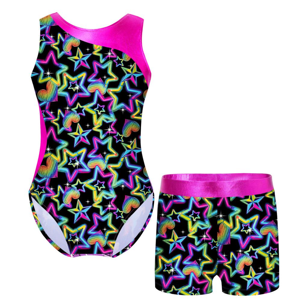Kids Girls Gymnastics Yoga Dance Sport Sets Fancy Print Leotard and Shorts Dancewear Outfits