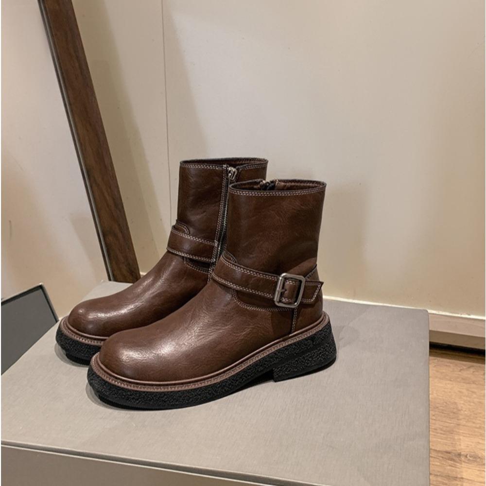 Женские ботильоны Осень Зима Новые Боковая молния Толстая подошва Полусапожки Женские Ретро Круглый носок Толстый каблук Тонкие Короткие ботинки Женские