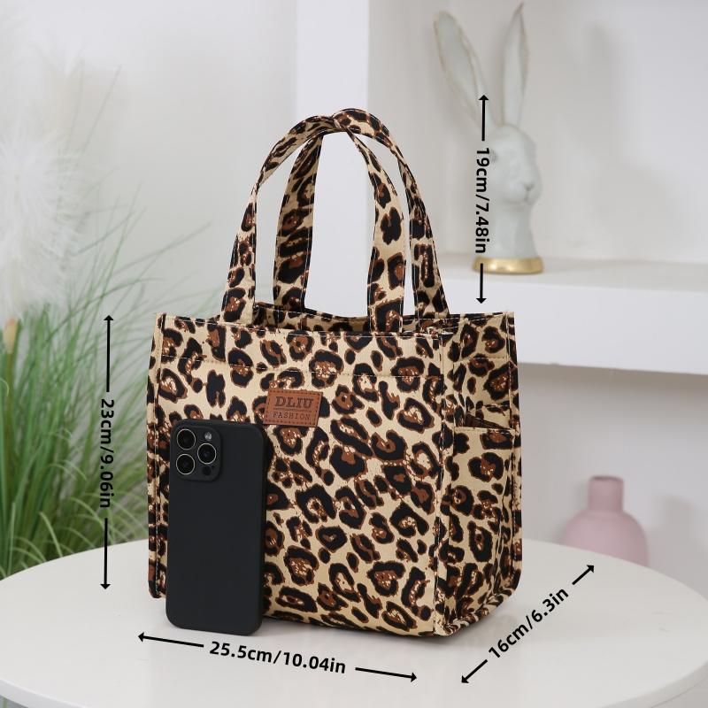 Retro Leopard Print Large Capacity Lunch Tote Bag with Storage Pouch Commuter Work Handbag Portable Meal Bag
