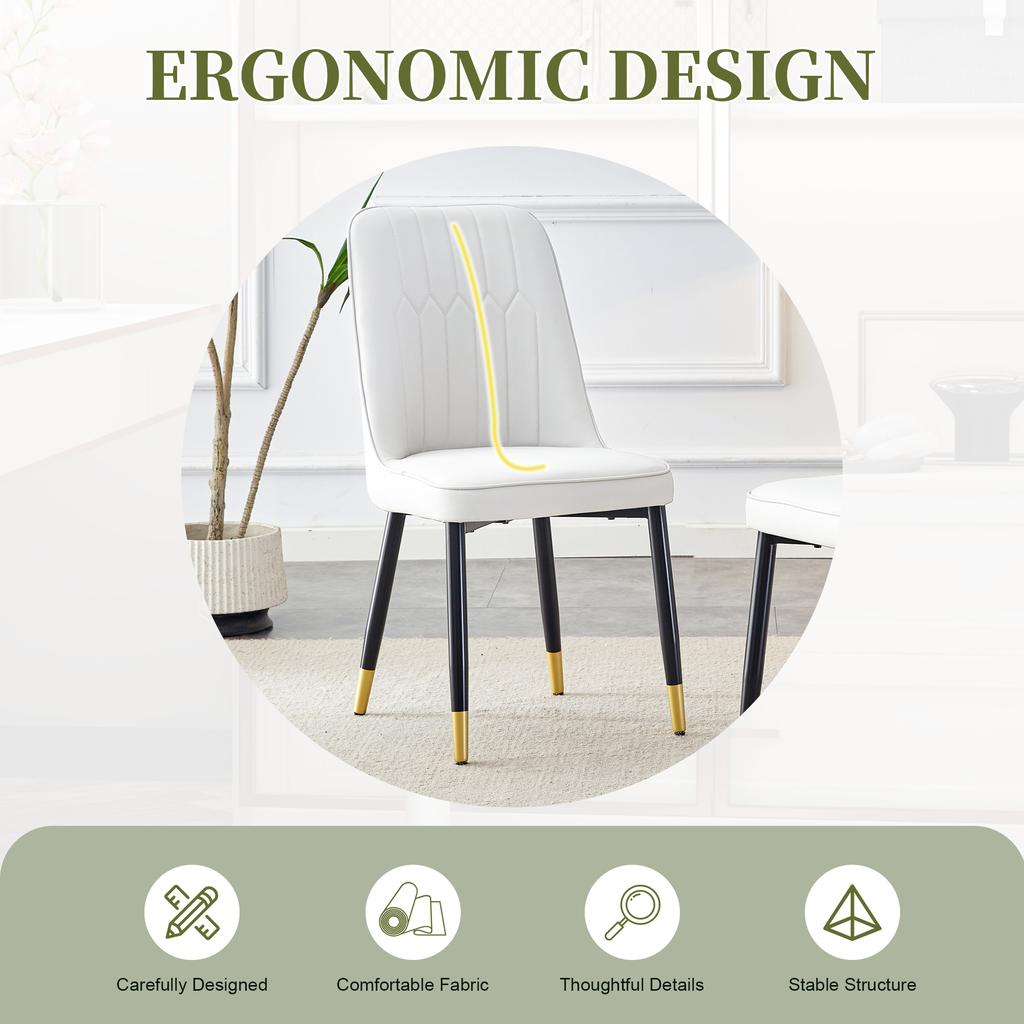 Set of 2 modern white dining chairs with PU leather backrest upholstery and black metal legs, suitable for dining room, kitchen and bedroom.