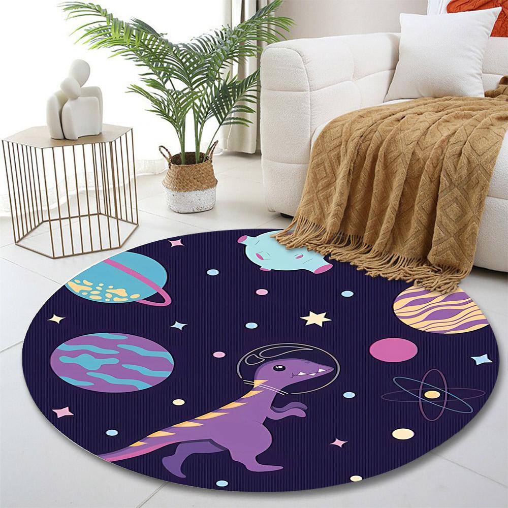 Purple Dinosaur in Space Adventure Print round rug, living room, bedroom, playroom carpet, non slip floor mat, gift