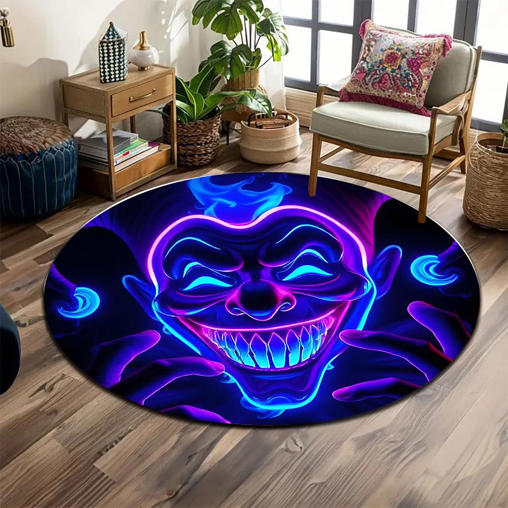 Neon Evil Clown Face Design Print round rug, living room, bedroom, playroom carpet, non slip floor mat, gift