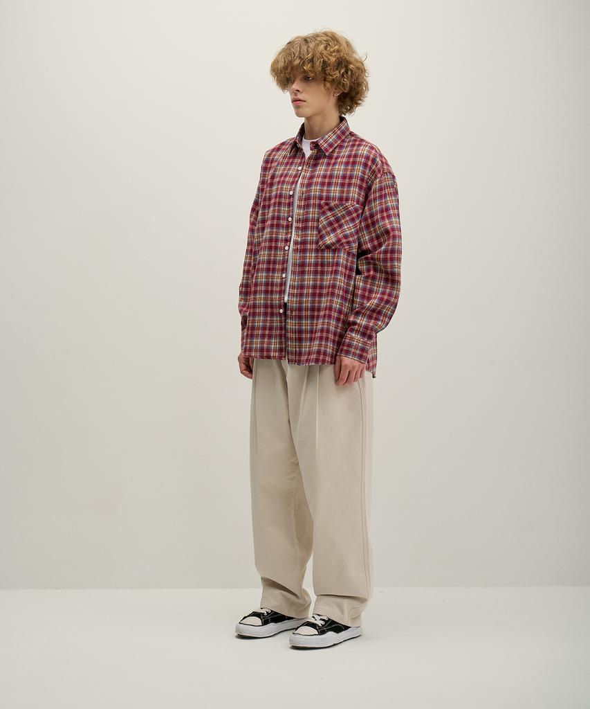 GNOK Flannel Check Pocket Long Sleeve Shirt [Burgundy]