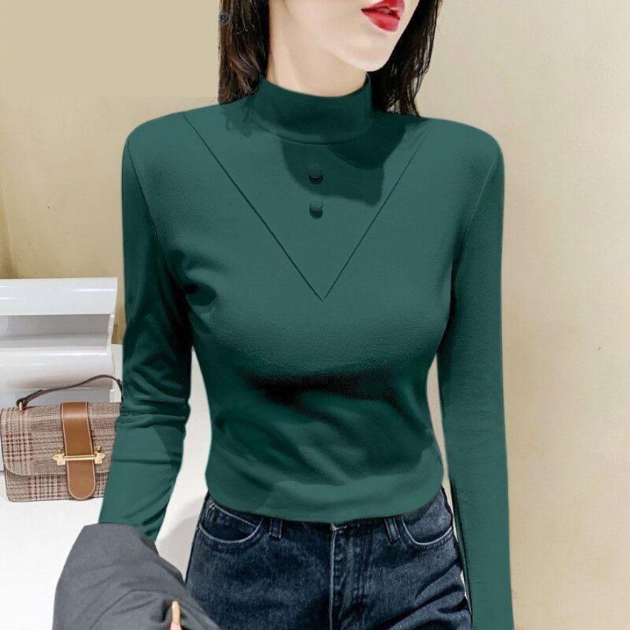 YYFS Женская мода повседневная весна осень однотонный принт длинный рукав полуводолазка блузки и рубашки