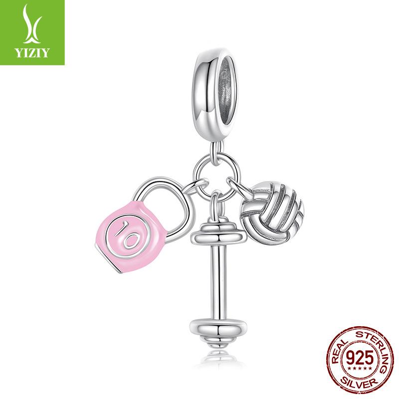 Розовый гиревой волейбол гантель кулон аксессуары милый спортивный ветер серебро 925 пробы с бусинами