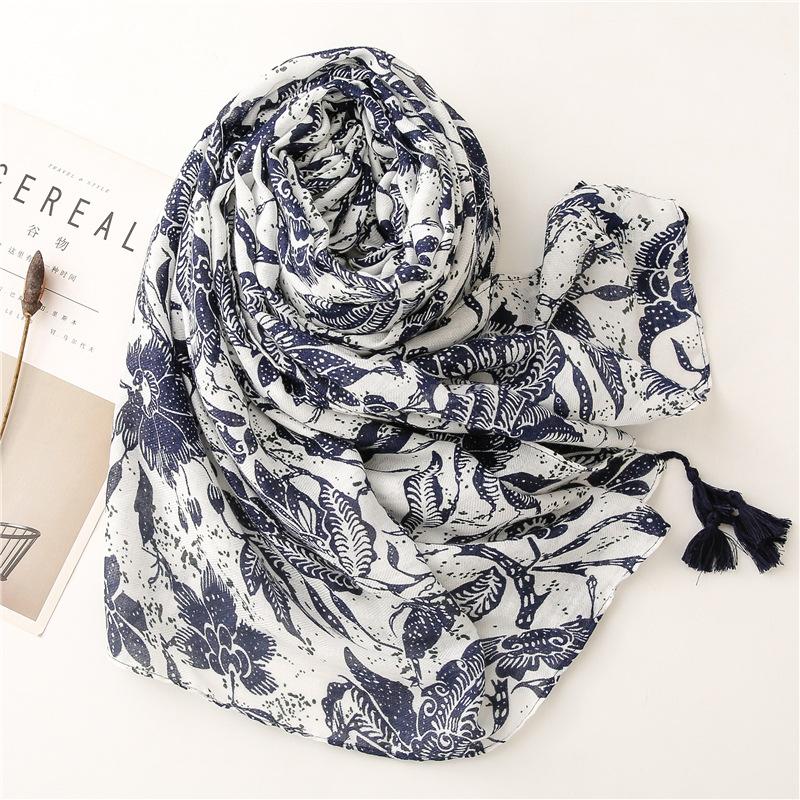 Четыре сезона экзотический ретро этнический стиль синий и белый фарфор тибетский зеленый сухой лист шелковый шарф длинный косичка борода шарф хлопок и конопля текстура