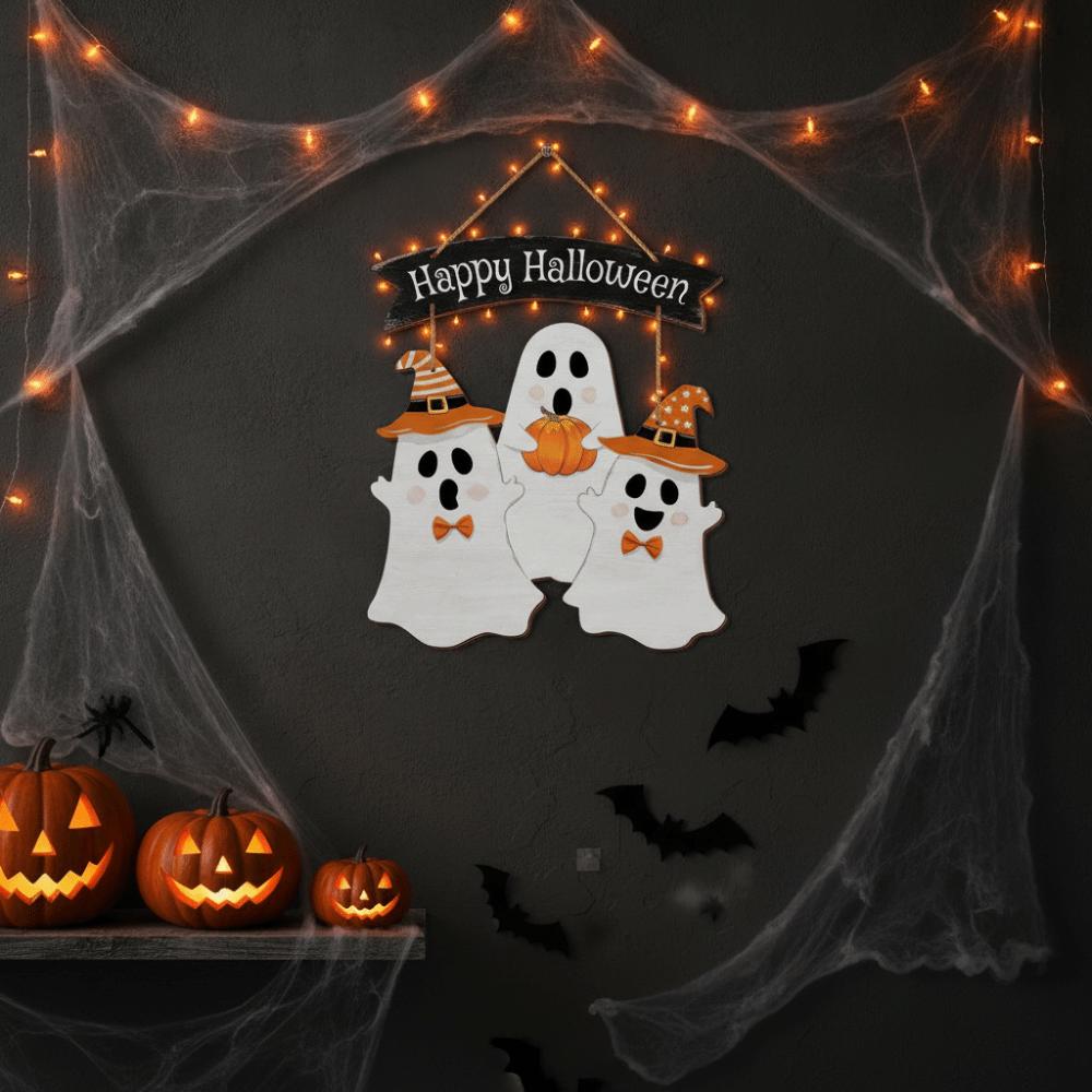 Wooden Halloween Ghost Door Sign 2D Flat Haunted House Hanging Door Plate Wall