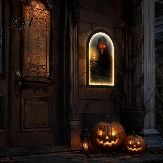 Halloween Ghost Mirror Decoration Glowing Mirror, USB Light Up Spooky Scary Ghosts, Hologram Greeting Door Sign Prank Decor for Haunted House