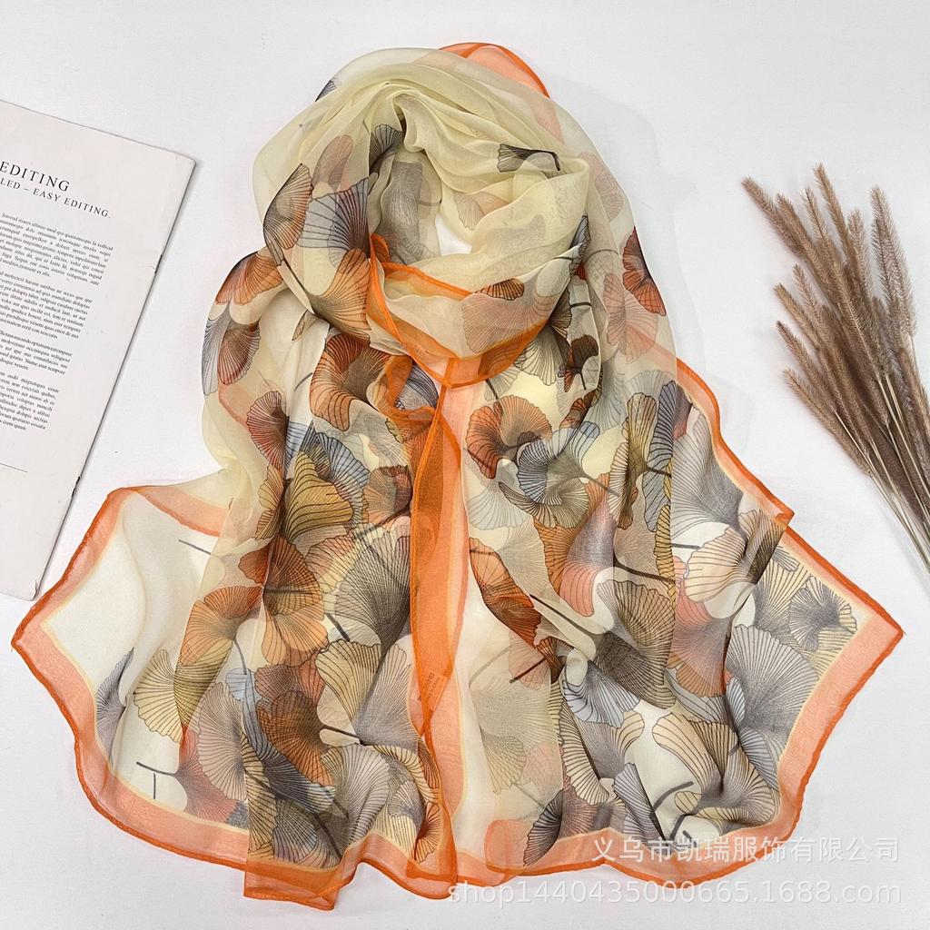 Новый длинный шелковый шарф с солнцезащитным кремом, тонкий искусственный шелк, весенне-летний женский шарф с принтом и украшением из жоржета