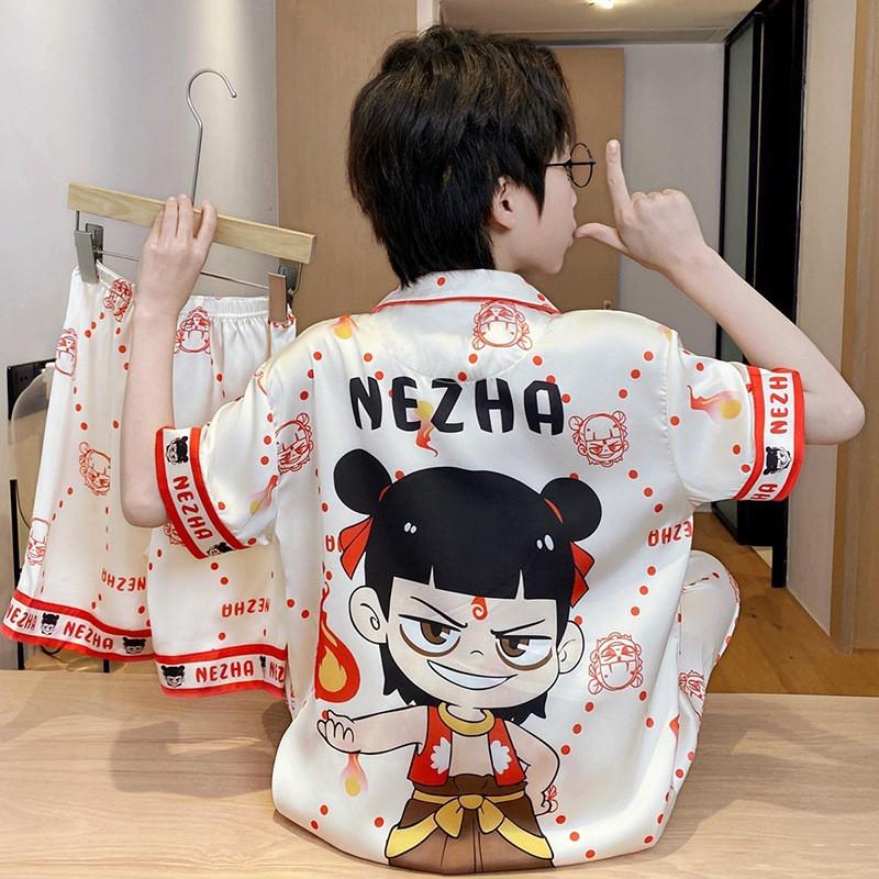 Kids Ice Silk Pajama Set Short Sleeve Cartoon Print Boys Sleepwear Ages 8