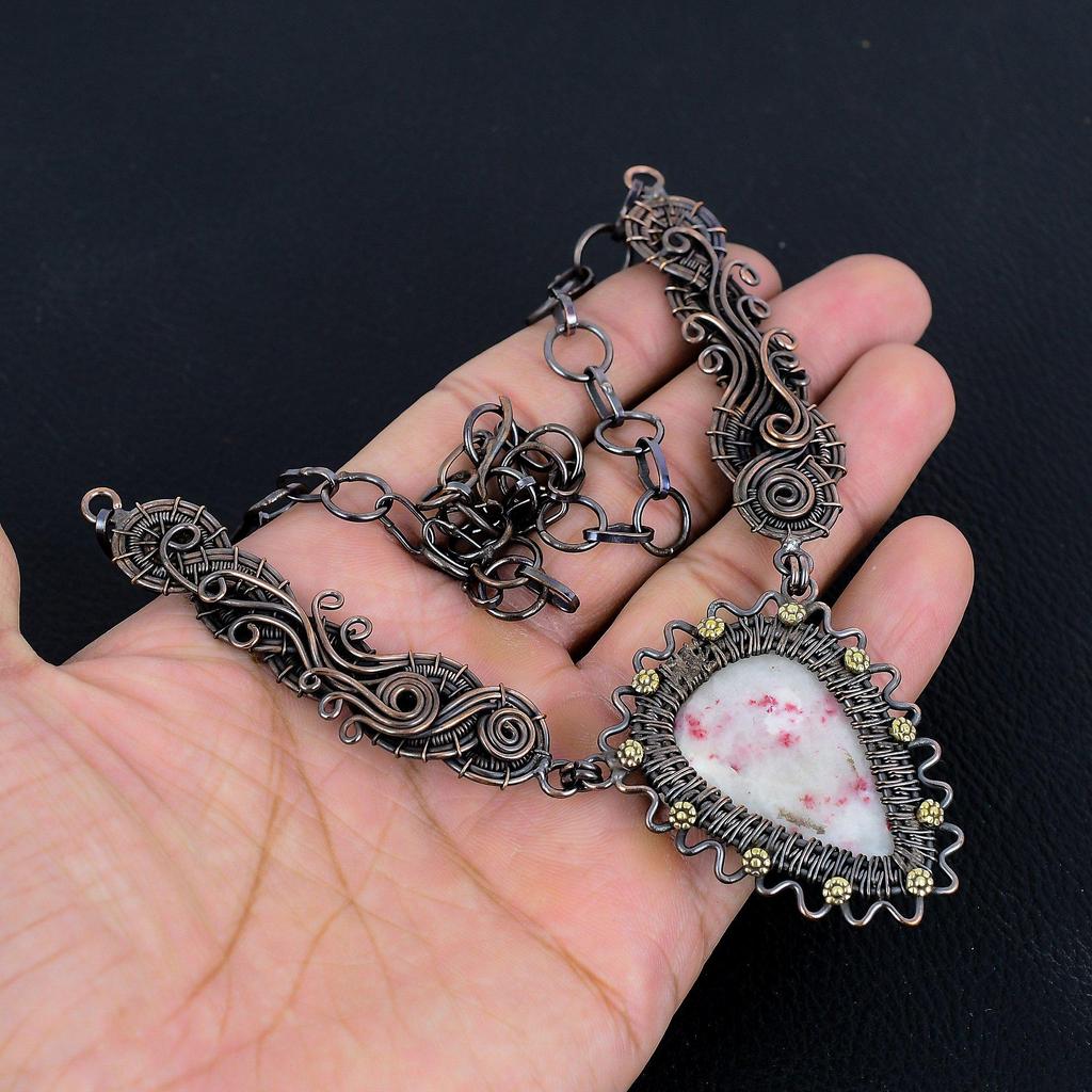 Pink Thulite Gemstone Handmade Necklace, 999 Copper Wire Wrapped Adjustable Chain Necklace Dainty Jewelry For Thanksgiving