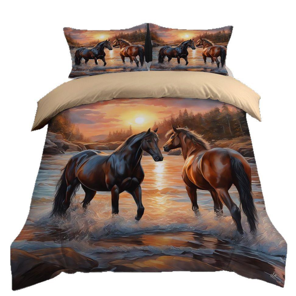 Three-Piece Bed Set, Xiyin 3D Digital Printing Polyester Polished Sunset Galloping Horse Quilt Cover
