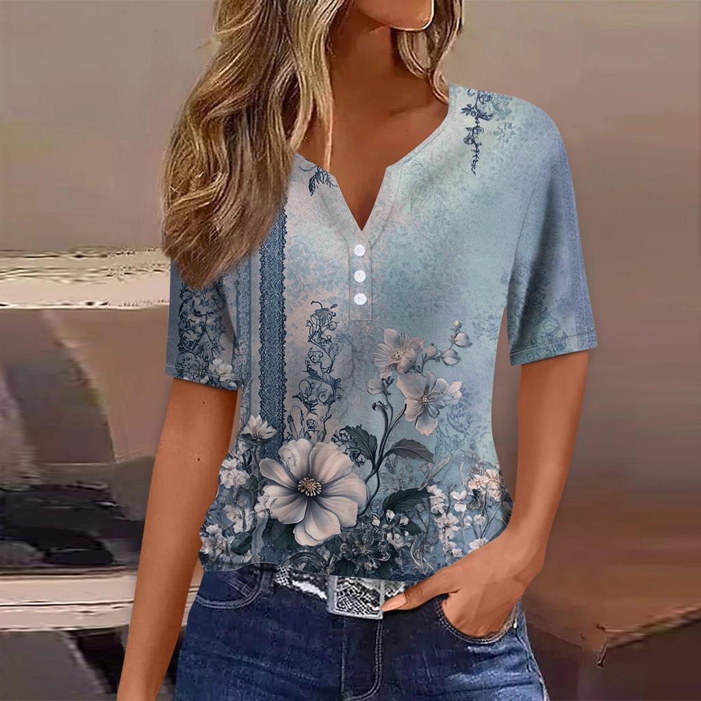 Women's T Shirt Tee Print Button Short Sleeve Daily Weekend Fashion Basic V- Neck Regular Top