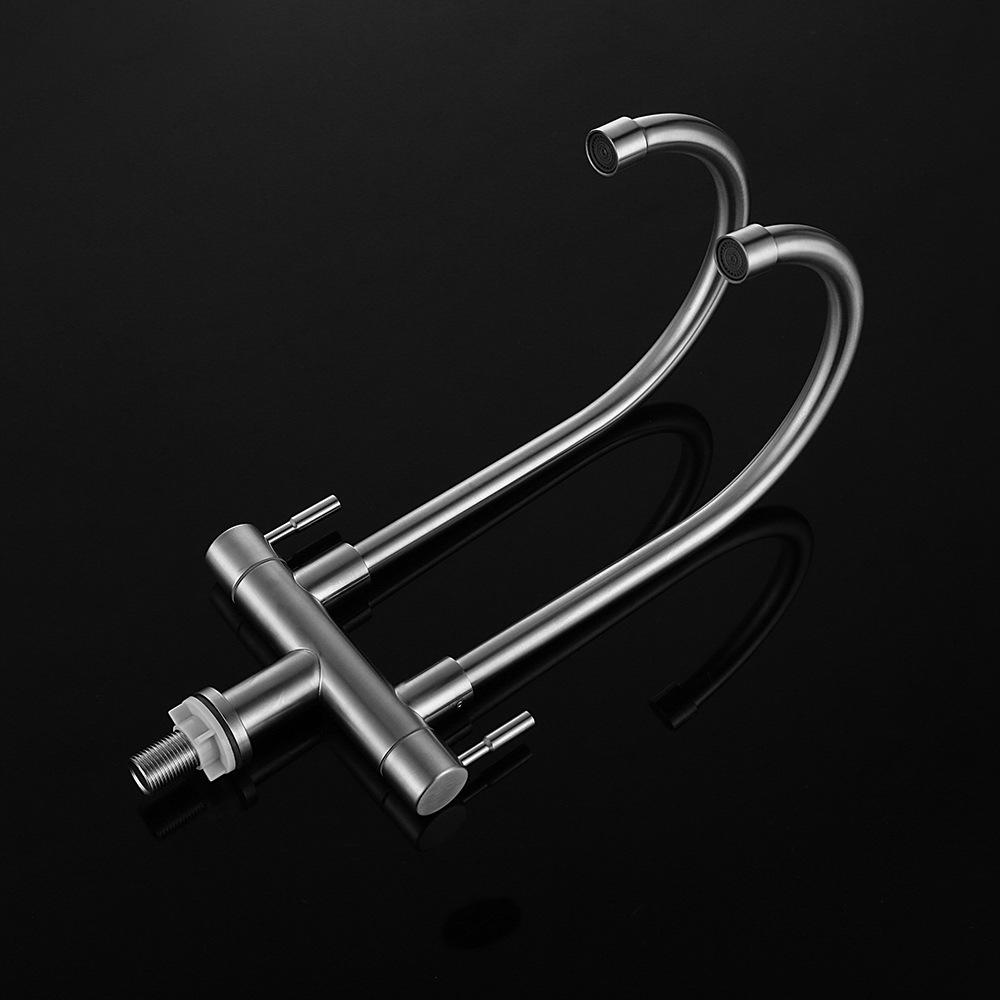 Смеситель для раковины из нержавеющей стали 304, бытовой смеситель для кухонной раковины с одним охлаждением и двойной трубкой, универсальный вращающийся смеситель для кухонной мойки с двойным выпуском