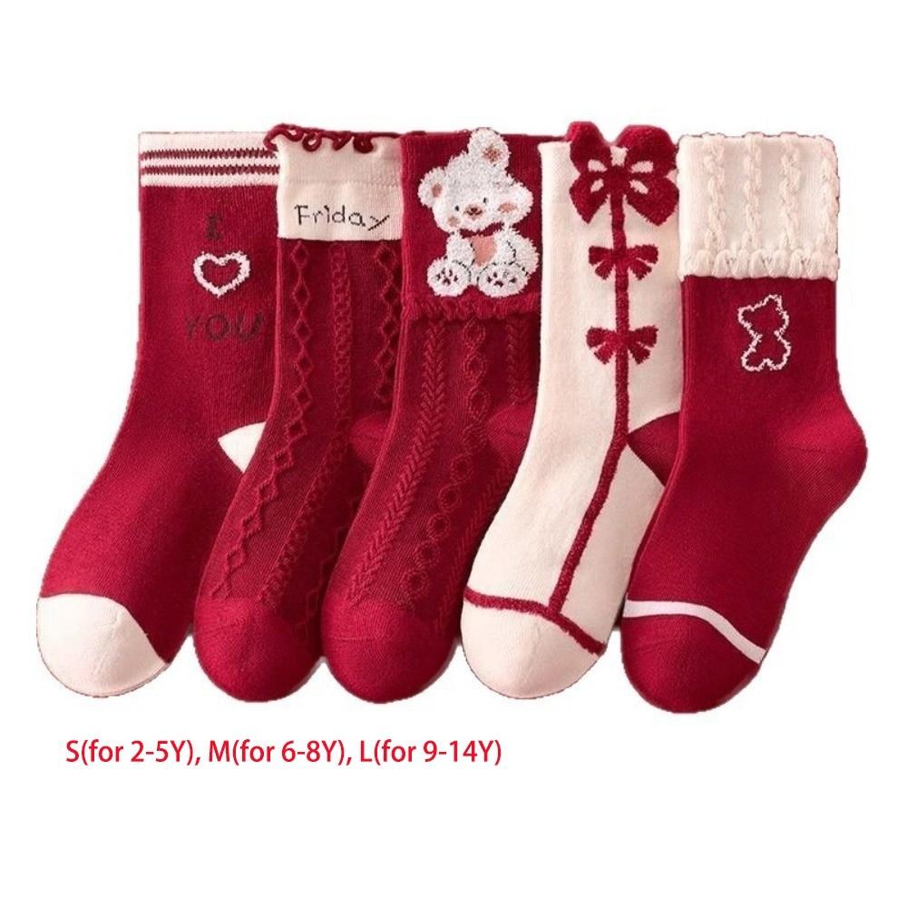 Red Color Mid Calf Socks Soft Cotton Cartoon Pattern Socks Cozy Holiday Socks For Girls