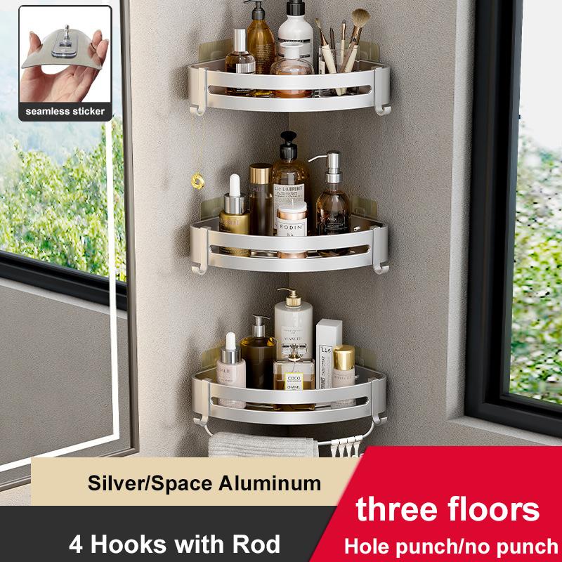 Bathroom Shelves No Drill Shampoo Storage Rack Wall Mounted Shower Corner Shelf Space Aluminum Kitchen Organizer Rack