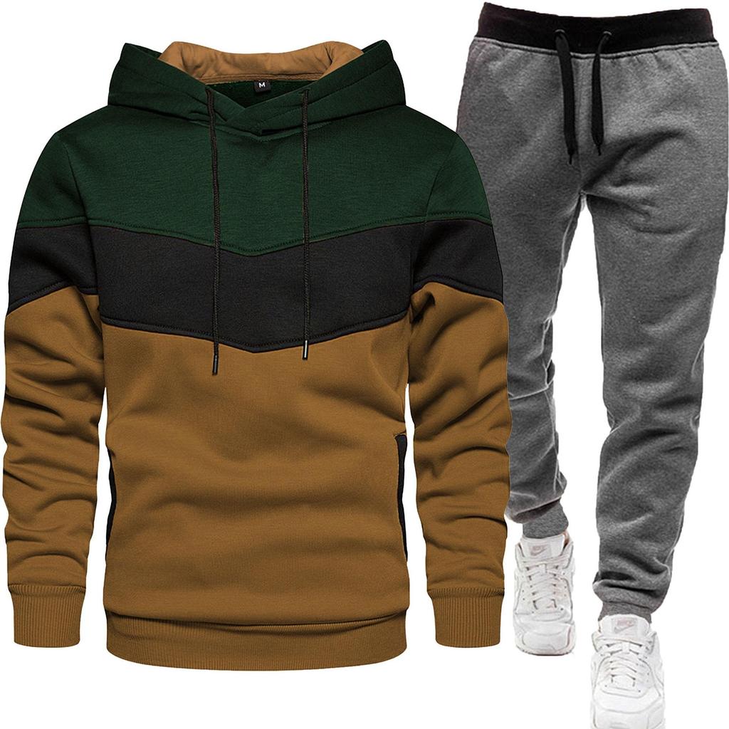 2024 Men's Fashion Spliced Hooded Sweatshirt & Long Pants Two-Piece Sports Suit for Autumn/Spring