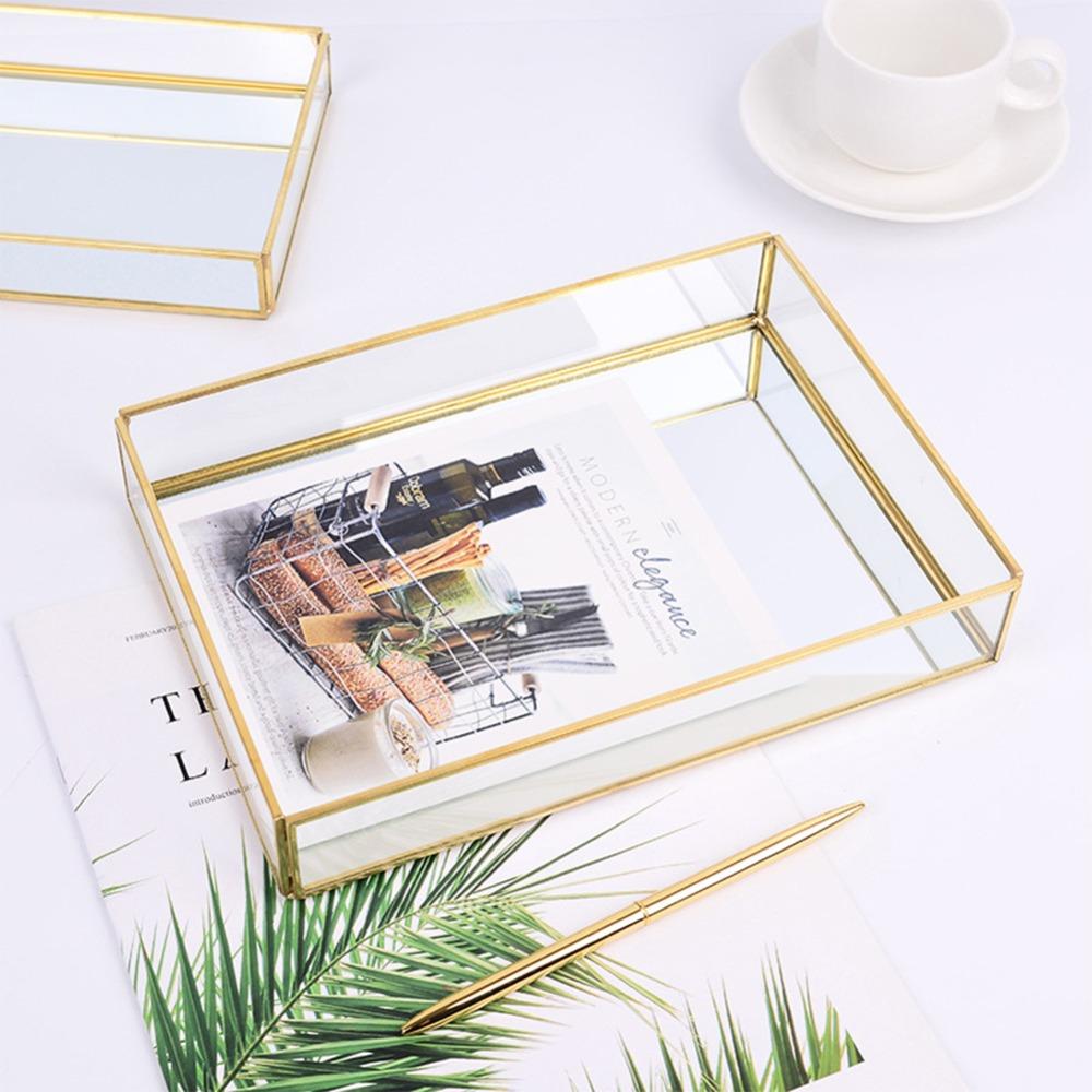 Vintage Metal Glass Storage Box Gold Rimmed Glass Jewelry Display Box Translucent Compartments Rectangular Gold Tray