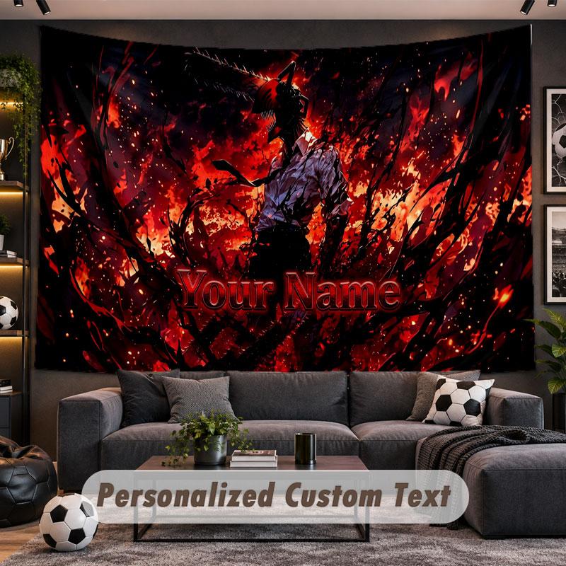 Wall Hanging Tapestry Custom NameChainsaw Man Pattern Personalized Printed Fabric Wall Decor