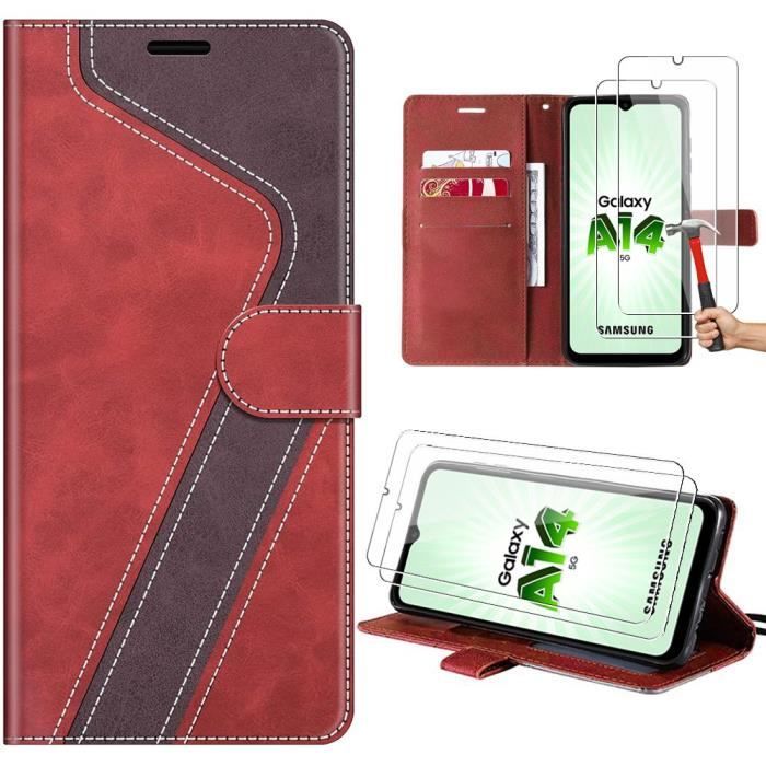 Coque de protection - BOOLING - pour Samsung Galaxy A14 4G-5G - Bicolore Rouge-Marron - 2 Verres Trempés - Semi-rigide