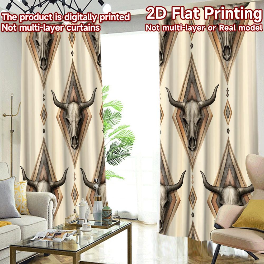 2D FLAT PRINTING 2pcs Curtains (Without Rod) Cow Skull Repeated Design Modern Curtain Modern Versatile Fabric Curtains Eid