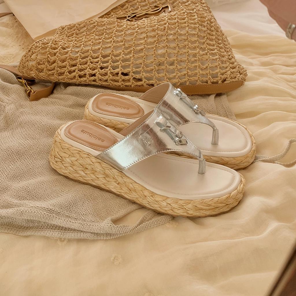 ~ Height Increase 5.5cm~ Thick Bottom Tassel Buckle Clip Foot Herringbone Woven Sandals