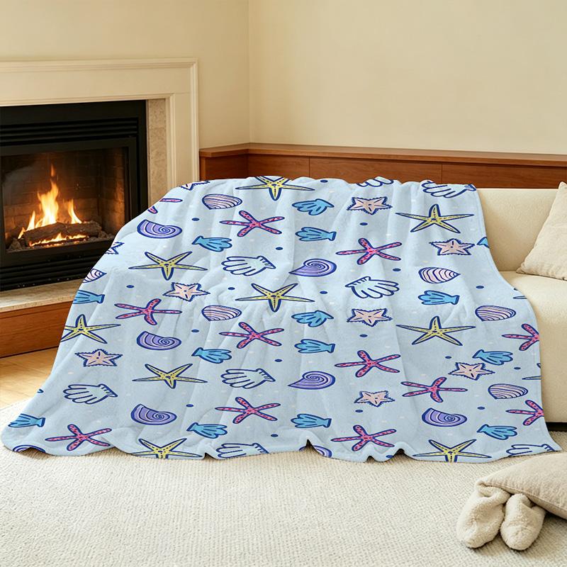 Plush Flannel Fleece Blanket, Ocean Theme with Starfish & Seashell Design, Soft Warm No Shedding, Cozy Single Bedroom Throw for Halloween & Christmas.