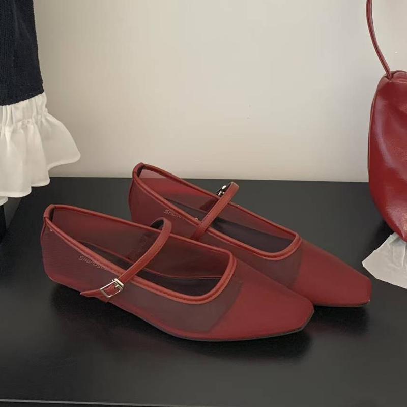 Модная SUOJIALUN 2025 Осень Женская Красная Обувь на Плоской Подошве Модная Сетка Квадратный Носок Мелкая Мэри Джейн Балетки Уличная Мягкая Платье Одинарная Обувь