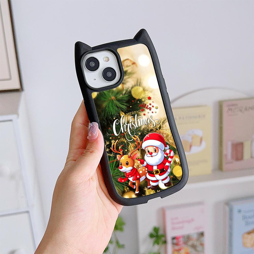 Мягкий чехол для телефона с кошачьими ушками для iPhone 16 15 14 13 12 11 Pro Max, устойчивый к падениям, прозрачный акриловый чехол NY33, рождественская елка с изображением Санта-Клауса