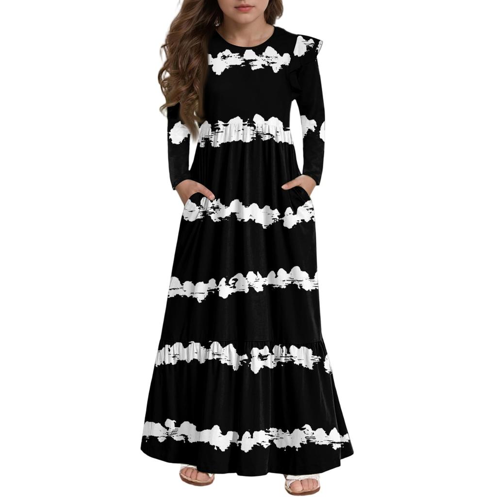 Girls' Tiered Ruffle Dress - Long Sleeve Printed Maxi With Pockets