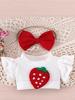 Набор из боди для девочки на тему клубники с красным бантом, повязкой на голову и носочками