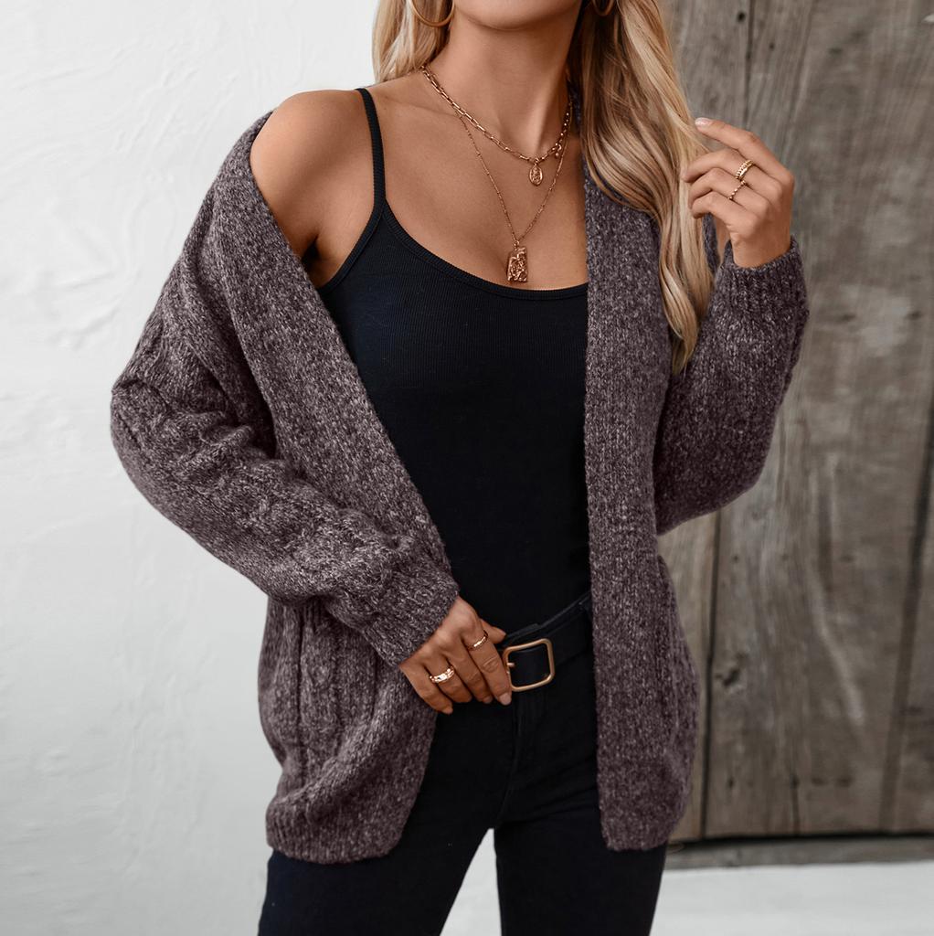 Женский модный повседневный однотонный трикотажный кардиган-свитер с V-образным вырезом, длинными рукавами и карманом