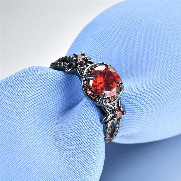 Винтажные черные золотые цветочные кольца с блестящим красным гранатом и рубином, ювелирные изделия для женщин