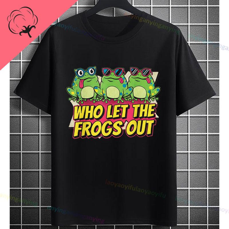 Who Let The Frogs Out Funny Frog With Fashion Glasses Green Markings Graphic Tshirt 100 Cotton Short Sleeve Casual Tshirts