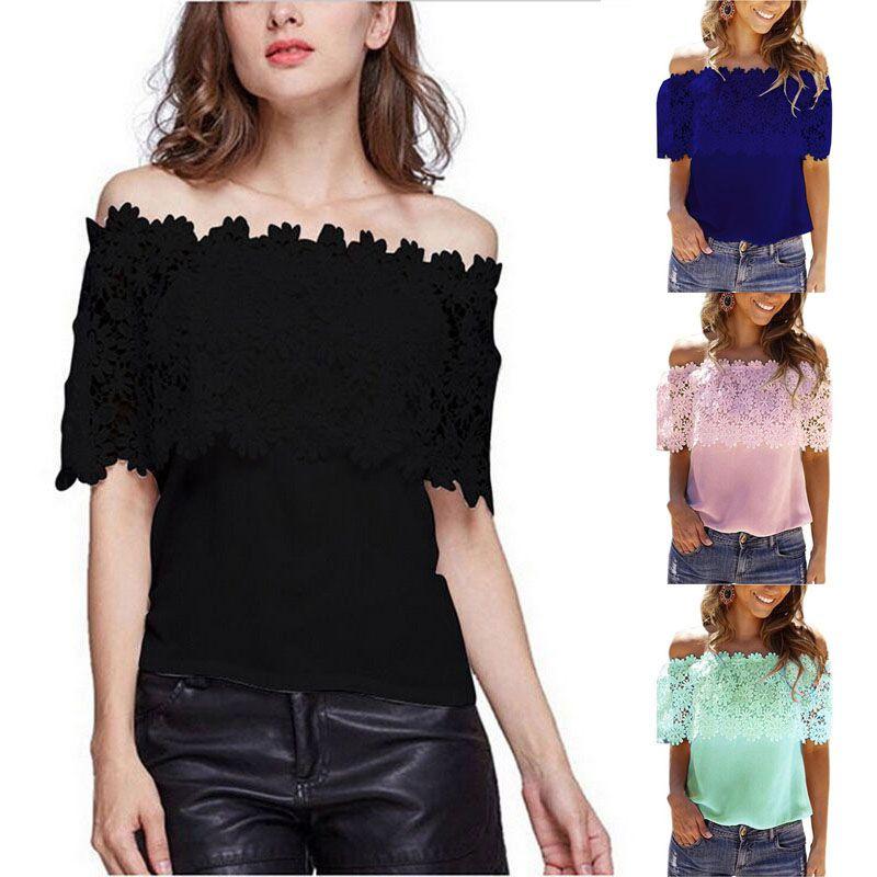 Элегантная женская блузка-футболка с кружевом и вырезами, с короткими рукавами и открытыми плечами, для летних прогулок