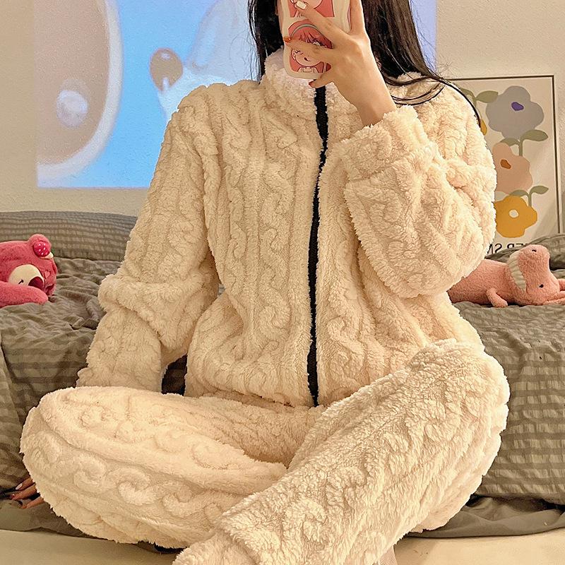 Женский фланелевый пижамный комплект на молнии — высокий воротник, плотный теплый флисовый костюм кораллового цвета для осени и зимы.