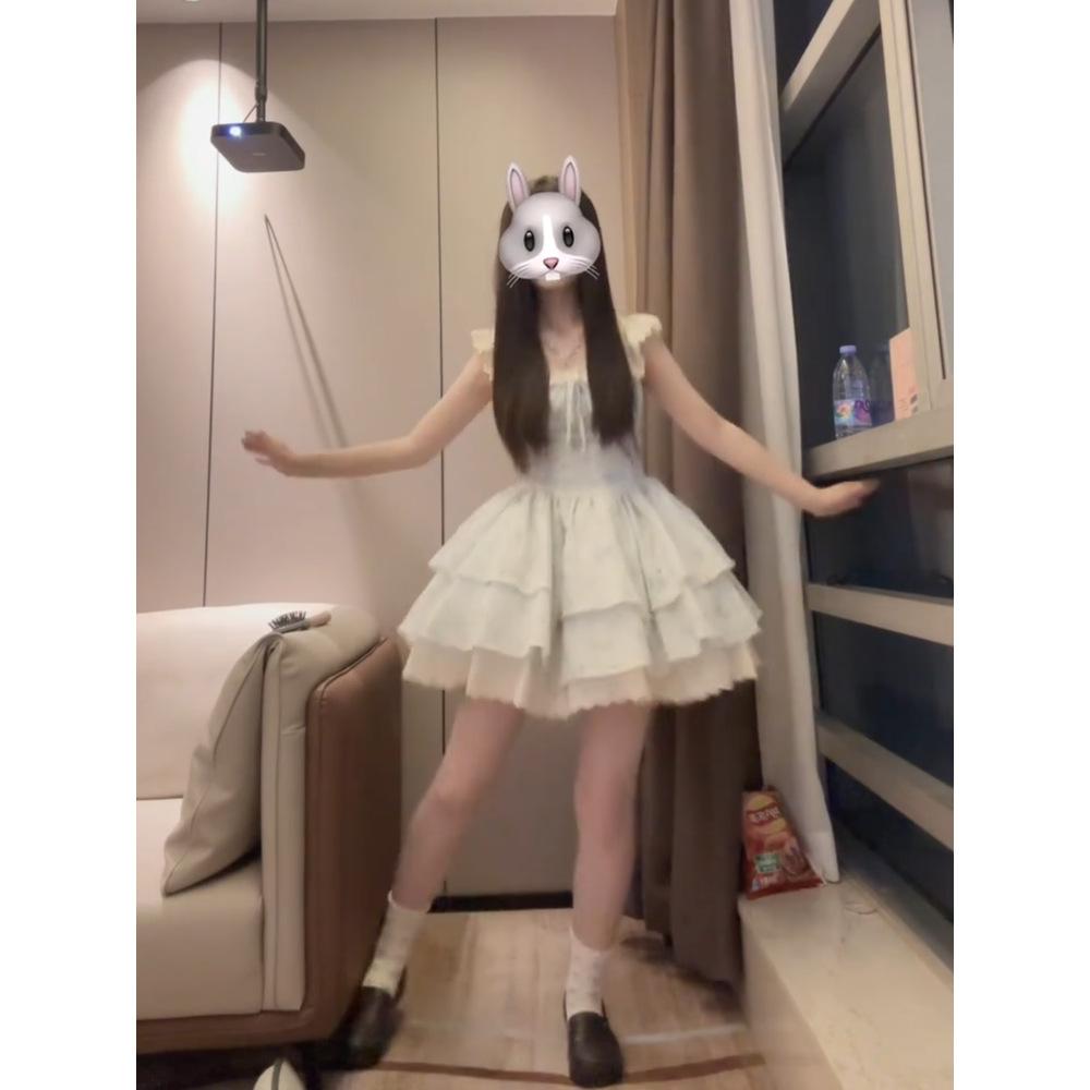 Sweet and Cute Little Flying Sleeves Blue Floral Dress Women's Summer College Style Daughter Princess Dress Cherry Blossom Puffy Short Dress