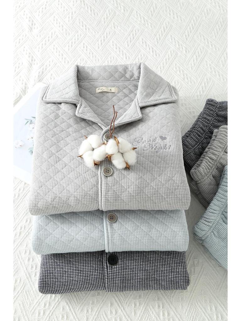 Мужская вышитая стеганая пижама - Трехслойный воздушный хлопок, С длинным рукавом, Теплая, Для осени/зимы