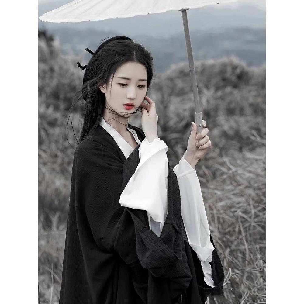 Китайская династия Вэй и Цзинь, стиль Ханфу, женская черная рубашка с большим рукавом и перекрестным воротником, полный комплект